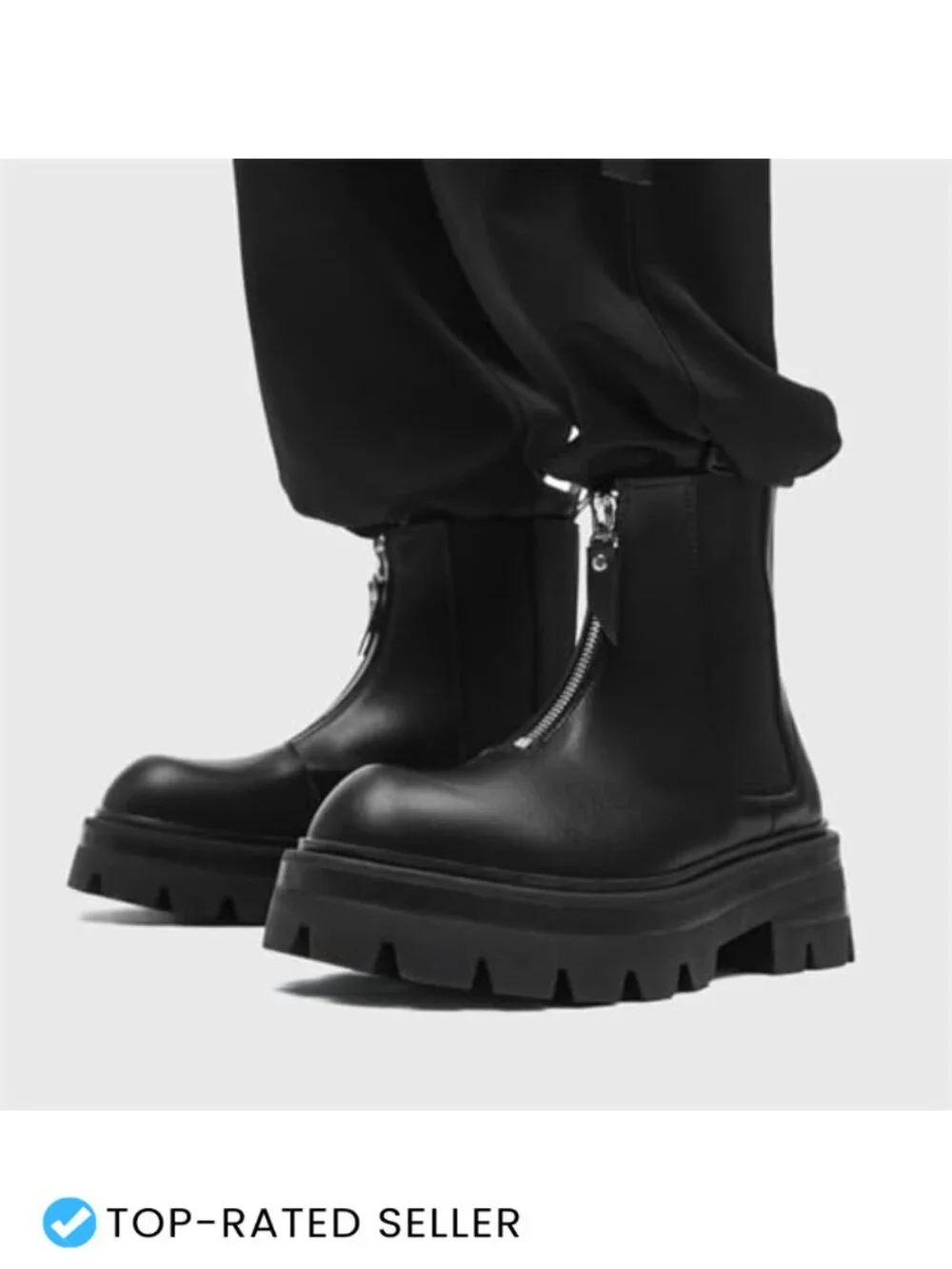 Men's Patchwork Leather Front Zip Chelsea Boots Platform Chunky Heel Ankle Boots